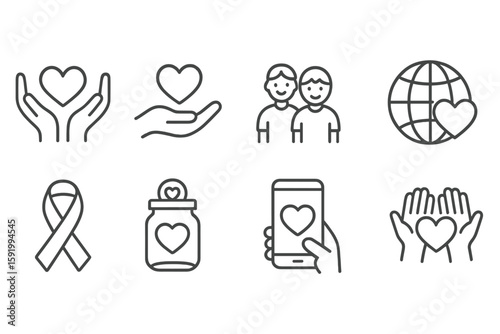 Charity, donation outline icon set. volunteer, heart symbol outline collection