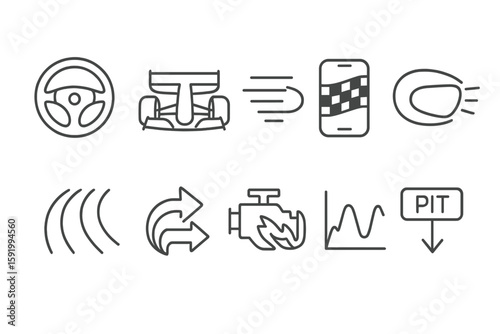 Racing and motorsport line icon set. speed, vehicle, and pit stop icons outline collection