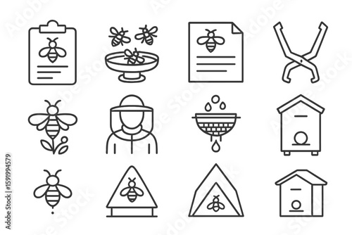 Beekeeping equipment outline icon set. honey, bees, apiary tools, collection