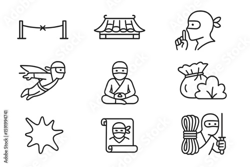 Ninja adventure outline icon set: stealth, martial arts, secret mission symbols