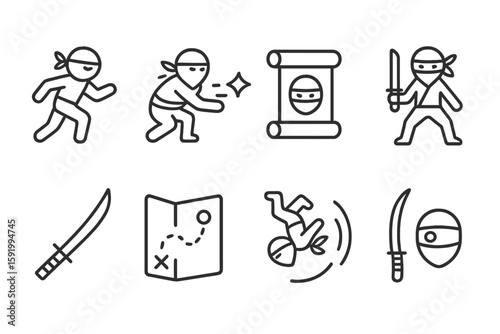 Ninja adventure icon set. sneaky moves and stealth weapons outline collection