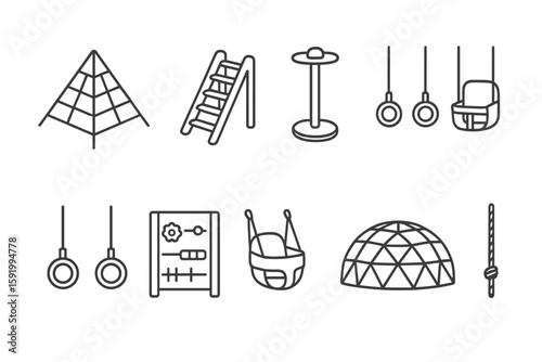 Playground equipment line icon set. swings, slides, outdoor fun in outline style.