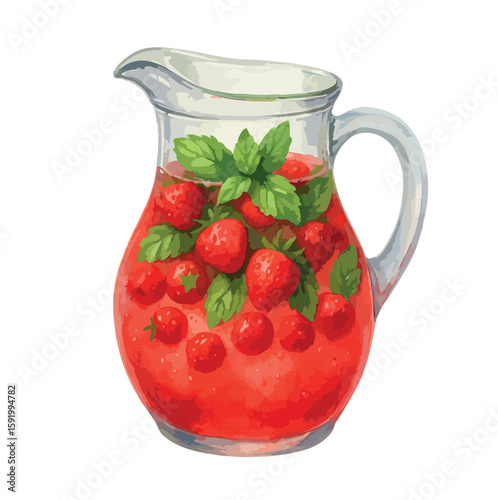 Watercolor strawberry compote in glass pitcher. Vector isolated on white background.