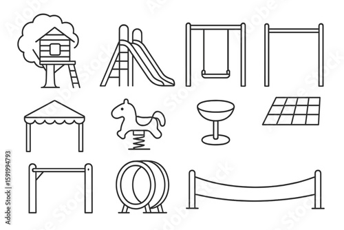 Playground equipment line icon set. swings, slide, playhouse in line style