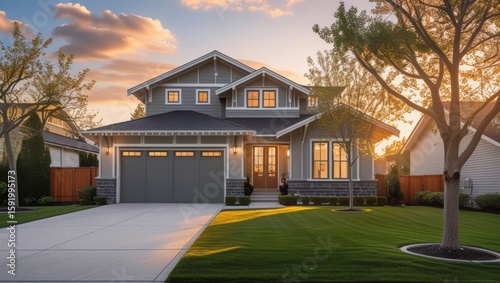 An inviting craftsman style house shines under golden sunlight with manicured lawn showcasing architectural elegance and curb appeal perfectly.