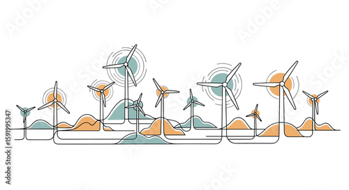 Abstract renewable energy landscape with wind turbines and solar panels artistic design