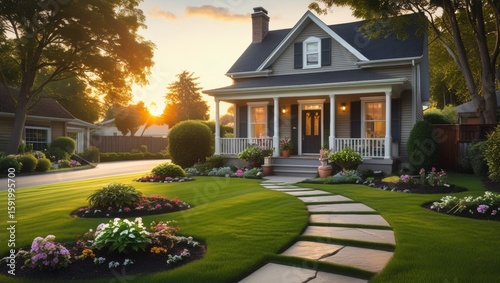 An inviting house with a beautiful lawn and garden is bathed in the warm glow of the sunset on a peaceful summer evening suburban neighborhood.