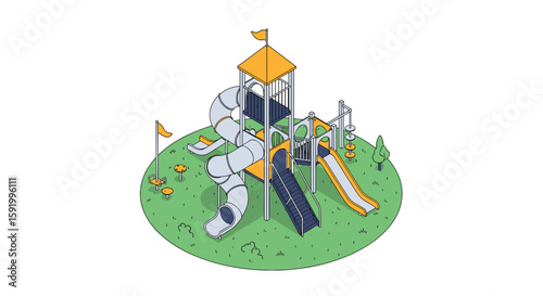 Vibrant outdoor childrens playground equipment with twisting slides and swings for fun activities