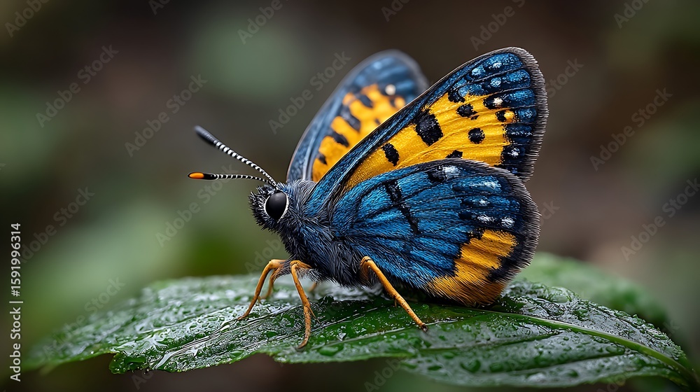 Fototapeta premium African Peach Moth with vibrant blue and orange wings resting on a lush green leaf in natural sunlight, surrounded by forest vegetation. 