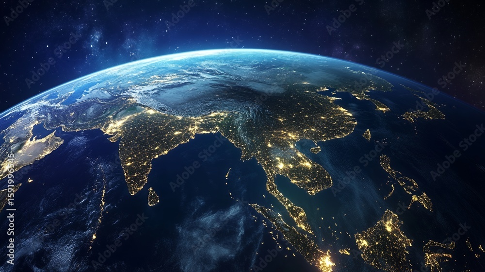 Fototapeta premium Earth View From Space Showing Asia at Night with City Lights