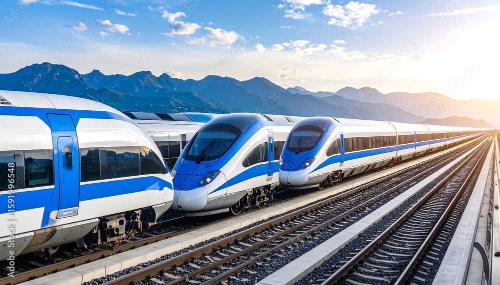 Fototapeta premium High-speed trains on tracks, mountains in background