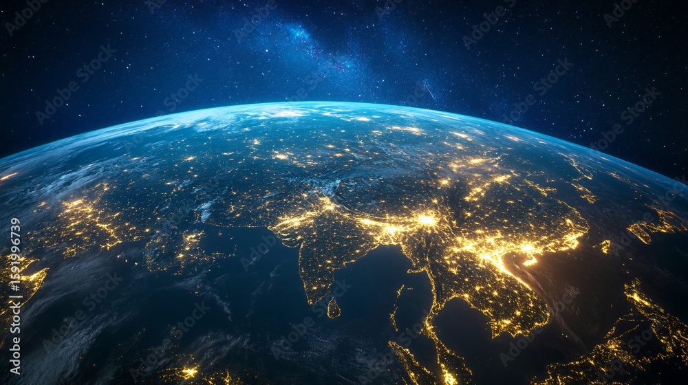 Obraz premium Earth at Night with City Lights and Starry Sky Background