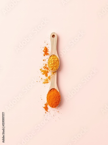 Colorful spice arrangement featuring wooden spoons filled with turmeric and other vibrant powders, set against a soft, plain backdrop