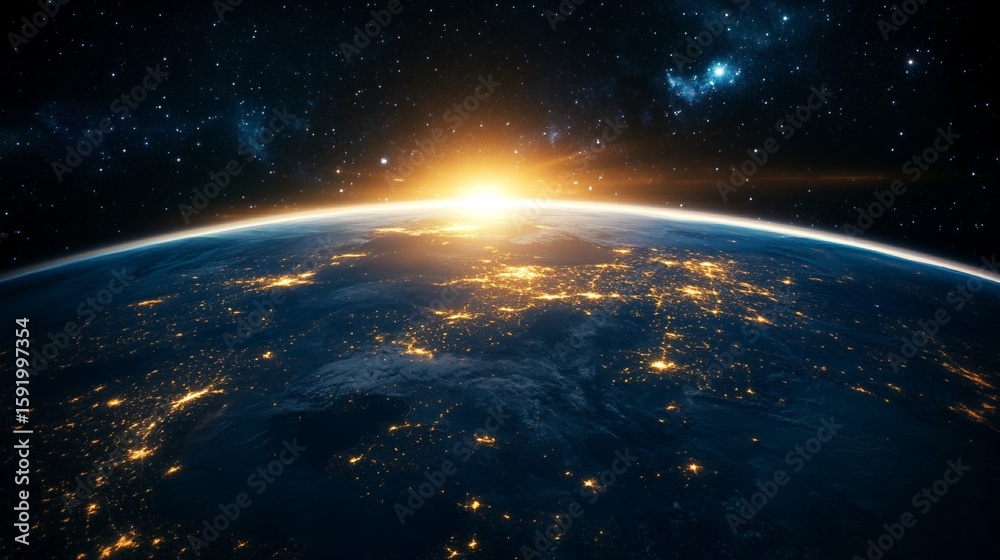 Earth View From Space at Sunrise with City Lights and Stars Earth View From Space at Sunrise with City Lights and Stars