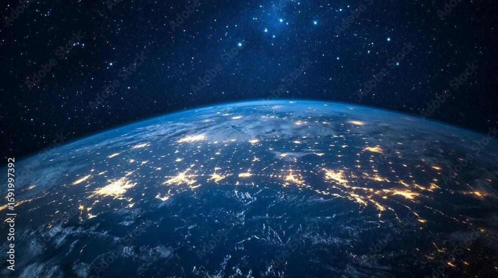 Obraz premium Earth View From Space with City Lights and Starry Night Sky