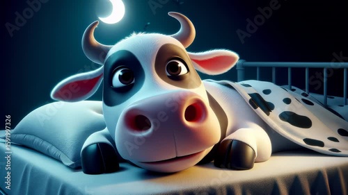 baby cow on a bed in a blanket at night white background
