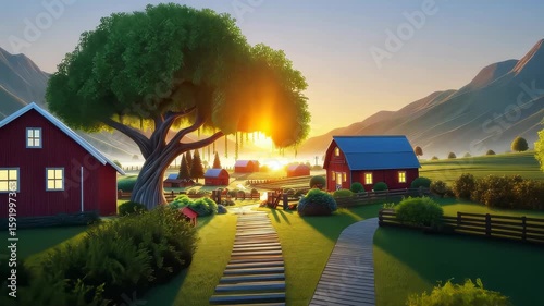 sunset in the cartoon village