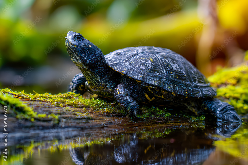 Fototapeta premium Close-up of a freshwater turtle on mossy log near water in lush forest setting