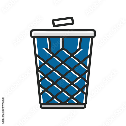 Blue trash can with lid and an item being discarded  
