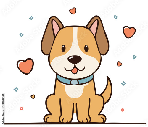 Cute puppy with collar: Charming cartoon puppy wearing a collar, surrounded by hearts and sparkles, set on a blank canvas, capturing a cheerful mood