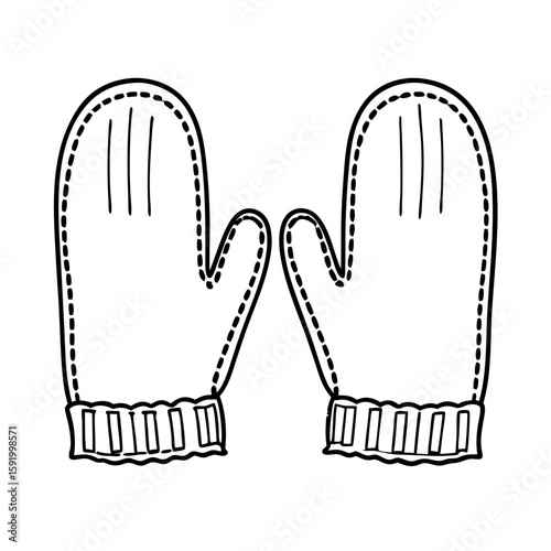Illustration of knitted mittens in monochrome outline style  
