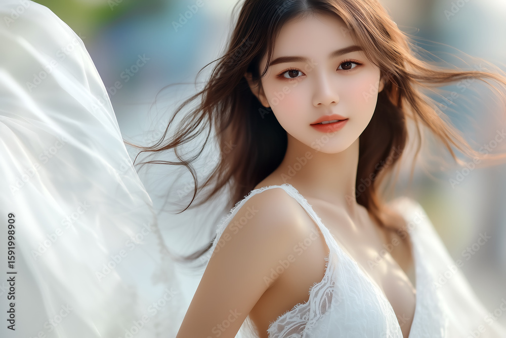 Outdoor portrait of a young Asian woman with flowing hair in white dress smiling softly in natural light. Outdoor portrait of a young Asian woman with flowing hair in white dress smiling softly in natural light.