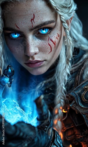 Enchanting sorceress conjuring mystical energy in dark fantasy setting