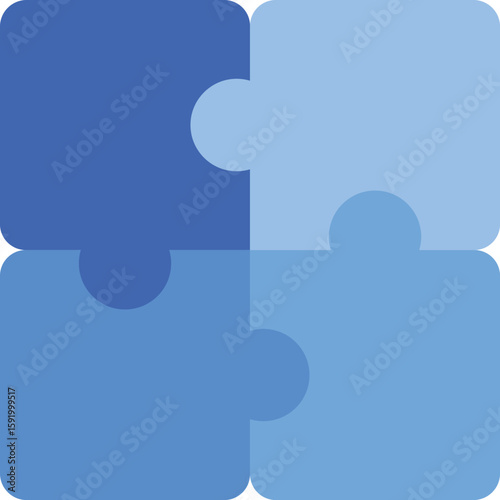 Simple vector illustration of four interlocking puzzle pieces in various shades of blue. Represents collaboration, problem-solving, and teamwork.