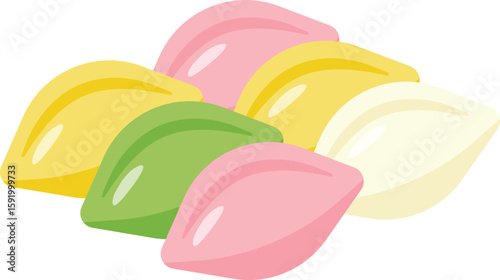 Colorful Korean rice cakes (songpyeon). Traditionally enjoyed during Chuseok holiday. Ideal for food, culture, or festival design.