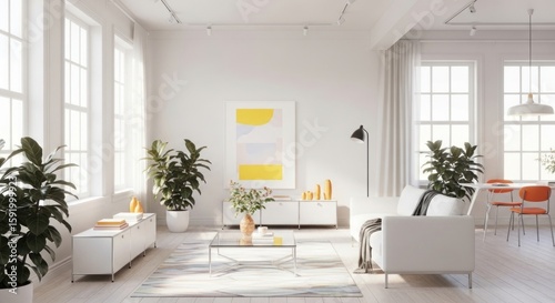 Bright living room showcases a modern white sofa  glass coffee table  and lush green plants  creating a serene and inviting interior design with natural light and minimalist decor.