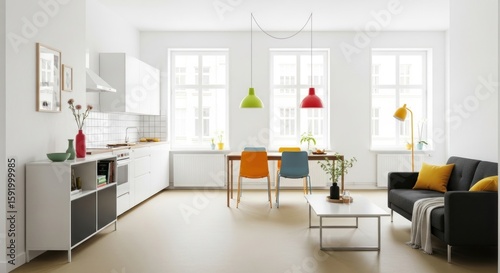 Bright and airy modern apartment interior showcases a minimalist kitchen  dining area with colorful chairs  and a cozy living space with a dark sofa and yellow accents.