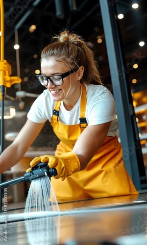 Cleaning and preparing workspace for a busy day in a modern cafe kitchen