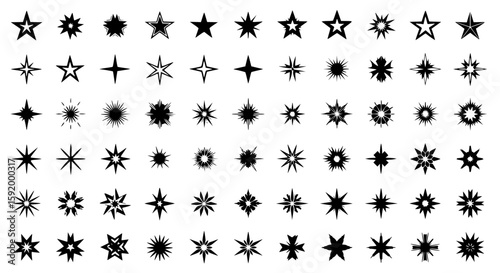Collection of various star shapes in black and white vector illustration transparent background , no background