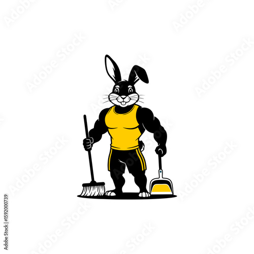 A strong, muscular black rabbit mascot dressed in a yellow tank top and shorts, holding a broom and a dustpan, ready for powerful cleaning tasks
