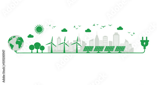 Green city powered by renewable energy sources, connected to the world.