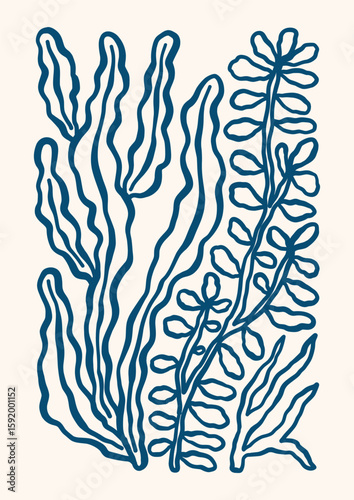 Underwater outline seaweeds, corals, florals vector illustration. Minimalist retro ocean poster design with sea plants