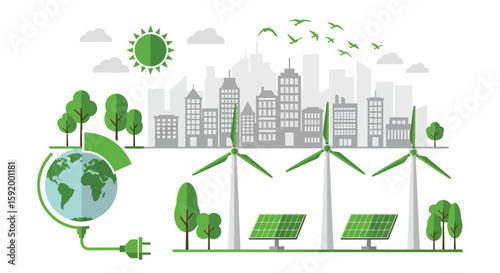 Green city powered by renewable energy; sustainable urban landscape with wind turbines and solar panels.