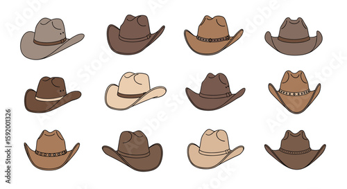 A collection of distinctive cowboy hats showcasing a variety of earth tones and designs