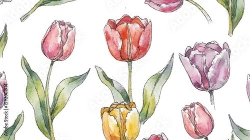 Watercolor floral pattern of several tulips a mix of pink red purple and yellow