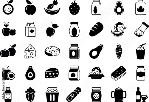 Collection of food icons vector illustration featuring fruit dairy cheese and other food items design.
