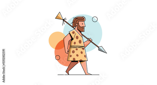 Ancient hunter with spear walking across a primitive landscape with abstract circles