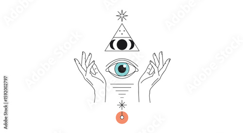 Mystical eye with cosmic phases and open hands illuminating the path forward
