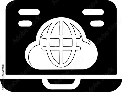 ‎black and white laptop icon with cloud and globe grid illustration
‎