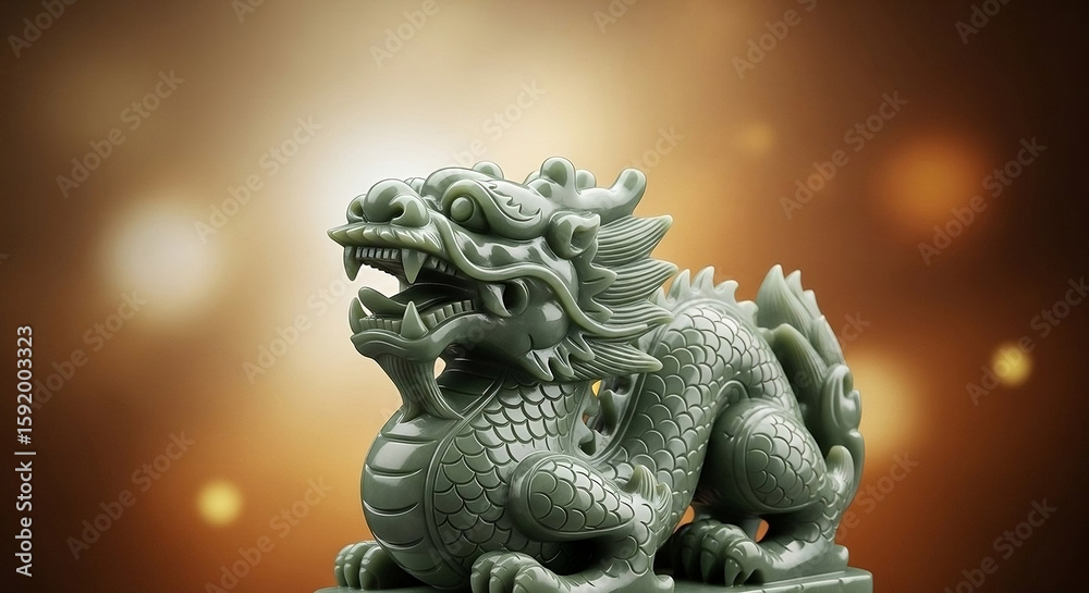 A meticulously crafted jade-colored dragon figurine, showcasing intricate scales, sharp claws, and an open mouth, set against a warm, blurred background with golden light. A meticulously crafted jade-colored dragon figurine, showcasing intricate scales, sharp claws, and an open mouth, set against a warm, blurred background with golden light.