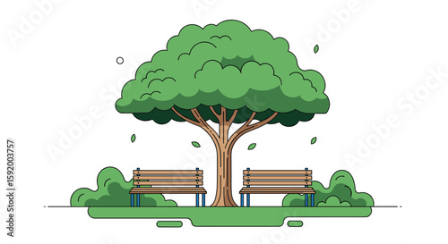 Two wooden benches under a large green tree in a park with falling leaves