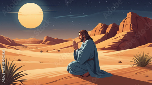 Jesus Christ praying in desert at sunset