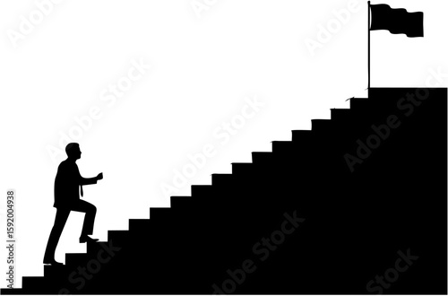 Black silhouette of businessman climbing stairs to goal flag, symbolizing success, motivation, achievement, progress, leadership, and personal growth on white background