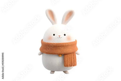 Snow bunny with scarf and bell, 3d animation, isolated on a white background, in a simple style, with a transparent PNG