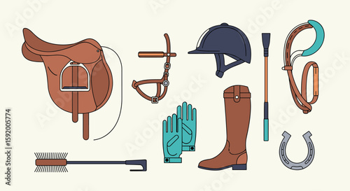 Equestrian gear collection featuring saddle riding boots helmet and accessories for horse lovers