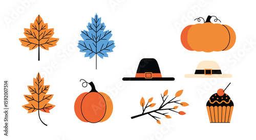 Charming autumn celebration icons featuring seasonal leaves pumpkins festive hats and sweet dessert treats